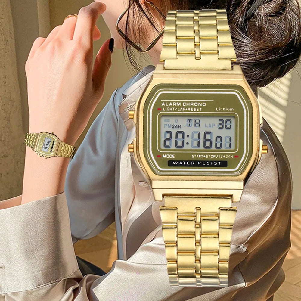 Elegant Digital Watch for Women – Gold/Silver Stainless Steel Business Style