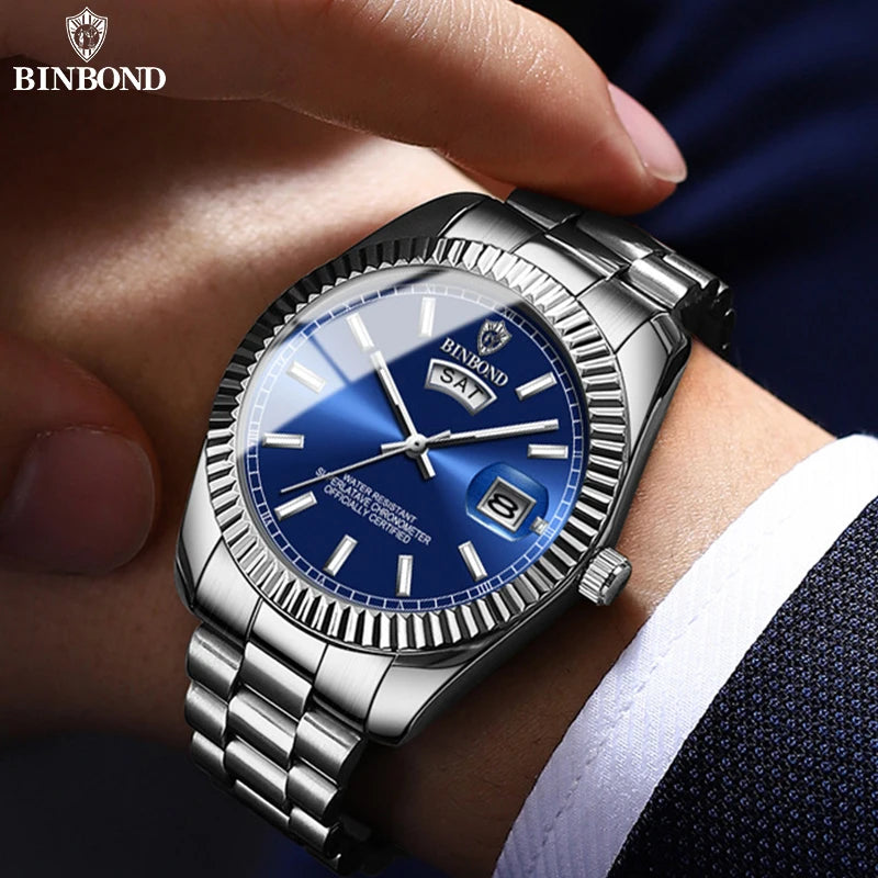BINBOND B7012 Men's Quartz Watch – Waterproof Sports Business Wristwatch with Calendar