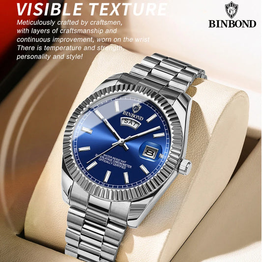 BINBOND B7012 Men's Quartz Watch – Waterproof Sports Business Wristwatch with Calendar