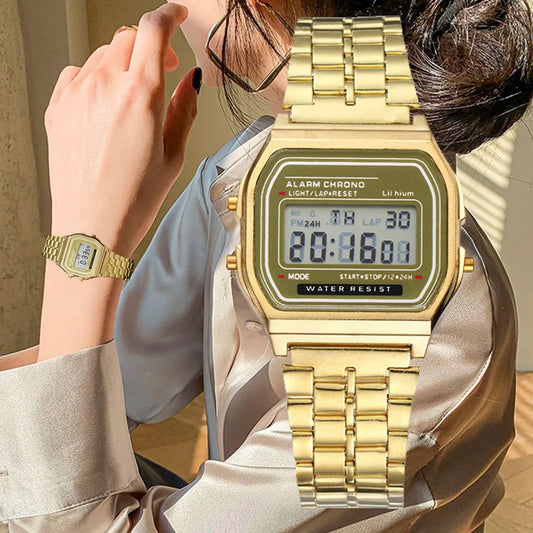 Elegant Digital Watch for Women – Gold/Silver Stainless Steel Business Style